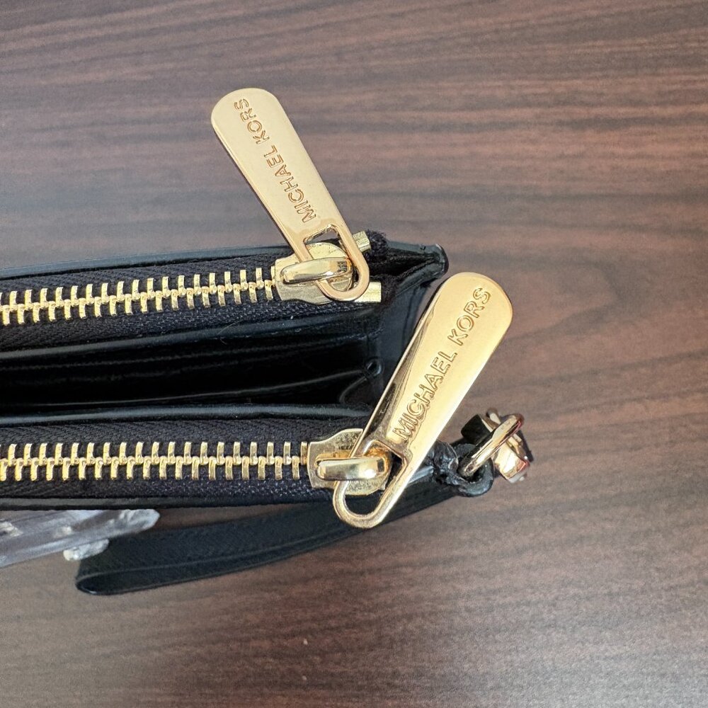 Michael Kors Women's Jet Set Travel Double Zip Leather Wristlet Wallet Black - Picture 4 of 7